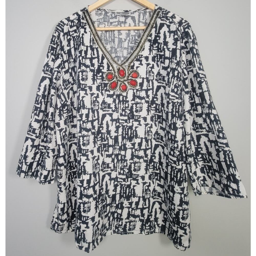 JM Collection Womens XL Linen V Neck Graphic Embellished Top